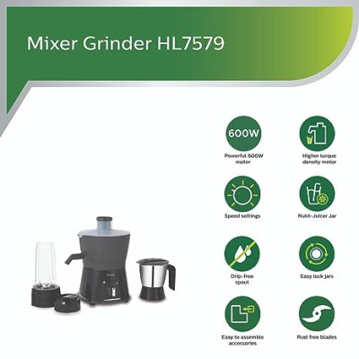 Philips HL7579/00 600W Turbo Juicer Mixer Grinder with 3 Jars -Blend and Carry, Nutri Juicer Jar, Multi Purpose jar