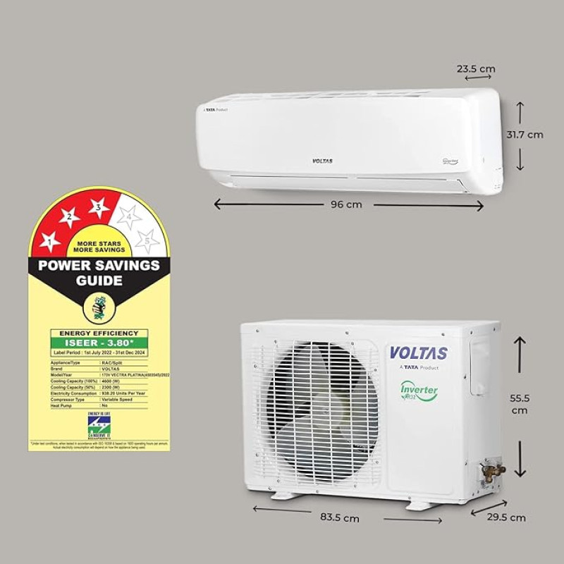 Voltas 1.5 Ton 3 Star, Fixed Speed Split AC (Copper, LED Display, Anti-dust Filter, 2023 Model, 183 Vectra Elegant, White)