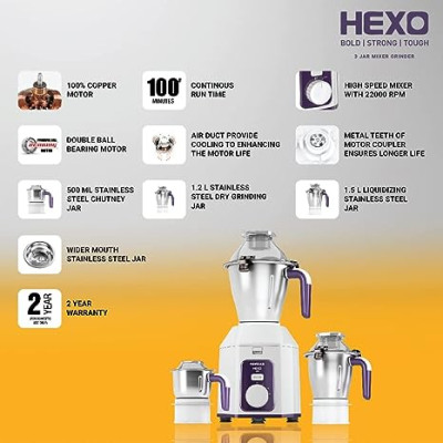 Havells Hexo 1000 watts 3 Jar Mixer Grinder I 2.5 Kg Double Ball Bearing Copper Motor I 22000 RPM I 100 Minutes Run Time I Metal Teeth Coupler &amp; Jar