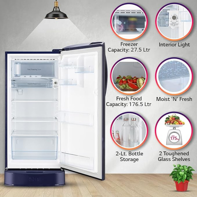 LG 204 L 5 Star Inverter Direct-Cool Single Door Refrigerator (GL-D211HBEZ, Blue Euphoria, Base stand with drawer &amp; Fast Ice Making)
