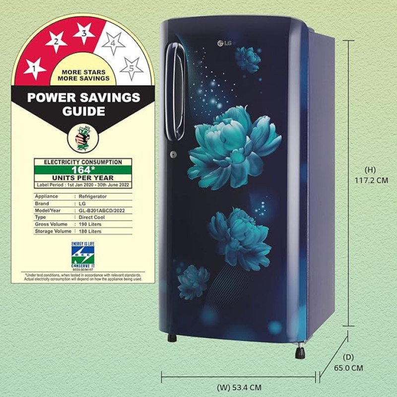 LG 185 L 3 Star Direct-Cool Single Door Refrigerator (GL-B201ABCD, Blue Charm, Fast Ice Making, Gross Volume- 190 L)