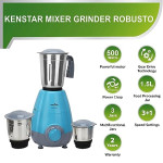 KENSTAR ROBUSTO 500 Watt | 3 Stainless Steel Mutlitfunctional Jar | Mixer Grinder_Blue &amp; Grey