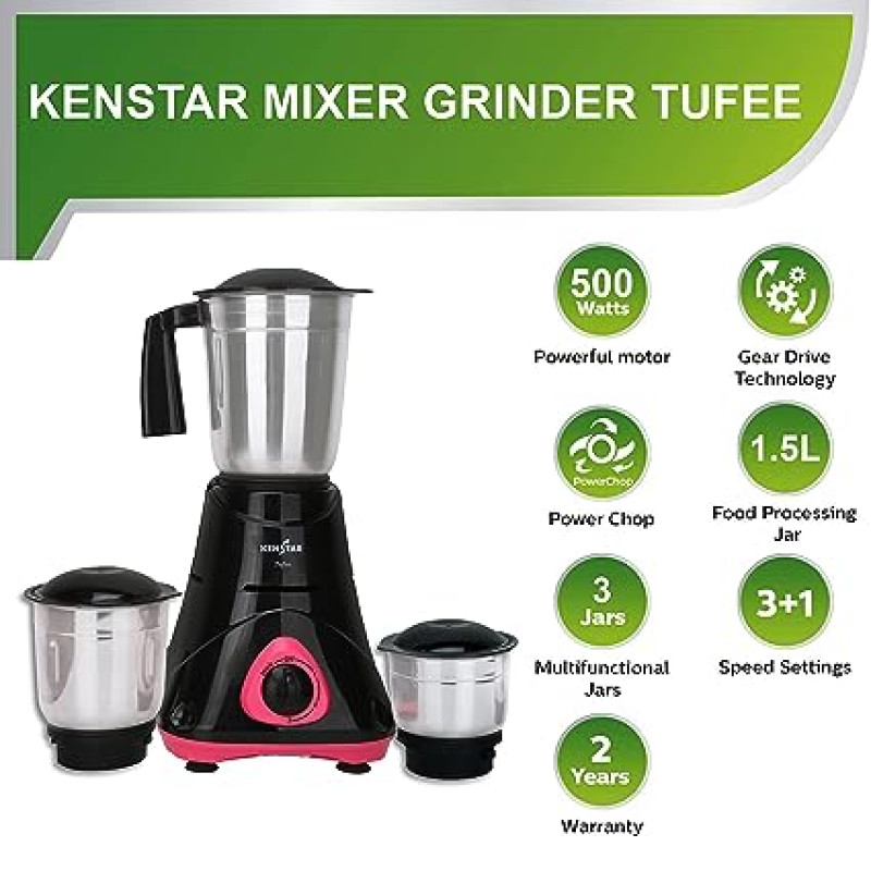 KENSTAR TUFEE 500 Watt | 3 Stainless Steel Mutlitfunctional Jar | Mixer Grinder_Black &amp; Pink