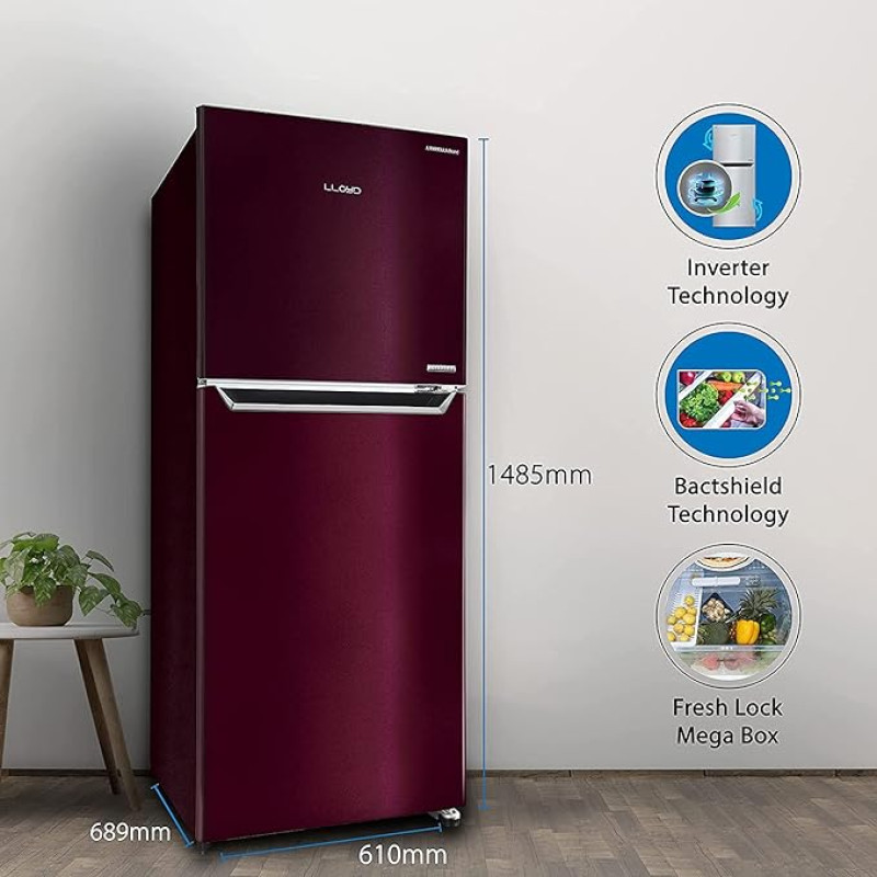 Havells-Lloyd 276 L 2 Star Inverter Frost Free Double Door Refrigerator (GLFF282AMWT1PB Metallic Wine, 2022 Model)
