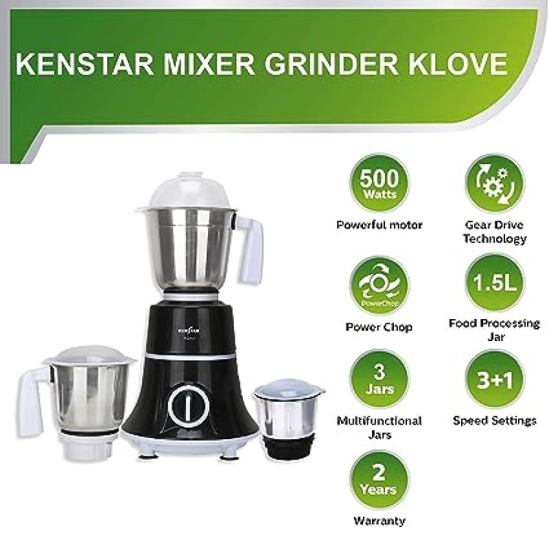 KENSTAR KLOVE 500 Watt | 3 Stainless Steel Mutlitfunctional Jar | Mixer Grinder_Black &amp; White