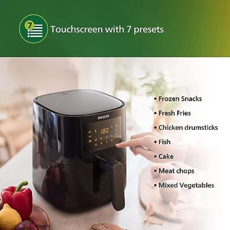 PHILIPS Digital Air Fryer HD9252/90 with Touch Panel, uses up to 90% less fat, 7 Pre-set Menu, 1400W, 4.1 Liter, with Rapid Air Technology (Black), La