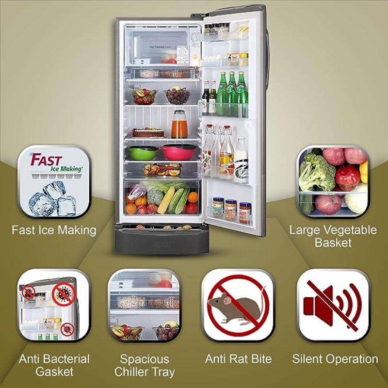 LG 224 L 5 Star Inverter Direct-Cool Single Door Refrigerator (GL-D241APZU, Shiny Steel, Base stand with drawer)